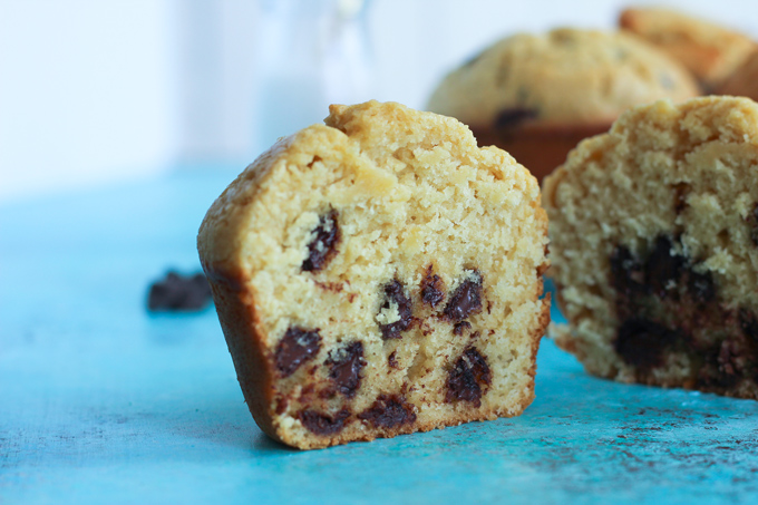 Jumbo Bakery Style Chocolate Chip Muffins - These vegan fluffy and moist muffins are perfect for breakfast, brunch or snack time. Each bite filled with melty chocolate chips! NeuroticMommy.com #vegan #muffins #snacks