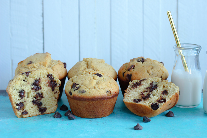 Jumbo Bakery Style Chocolate Chip Muffins - These vegan fluffy and moist muffins are perfect for breakfast, brunch or snack time. Each bite filled with melty chocolate chips! NeuroticMommy.com #vegan #muffins #snacks