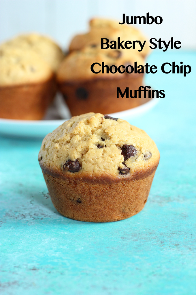 Jumbo Bakery Style Chocolate Chip Muffins - These vegan fluffy and moist muffins are perfect for breakfast, brunch or snack time. Each bite filled with melty chocolate chips! NeuroticMommy.com #vegan #muffins #snacks