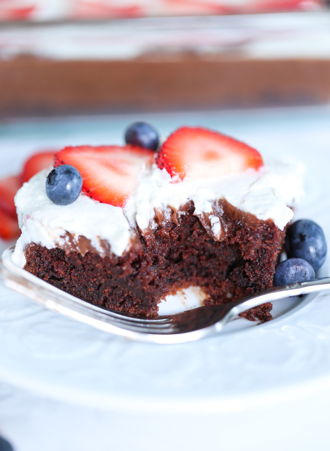 American Flag Chocolate Pudding Poke Cake - A festive fun way to decorate your cakes this summer. Made with all vegan ingredients and coconut whip cream, you cannot go wrong. NeuroticMommy.com #vegan #cake #chocolate