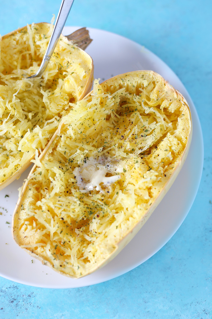 My Favorite Way To Eat Spaghetti Squash - Using garlic, olive oil and vegan butter, it's one of the easiest most delicious ways to enjoy this vegetable. NeuroticMommy.com #squash #spaghetti #lowcarb 