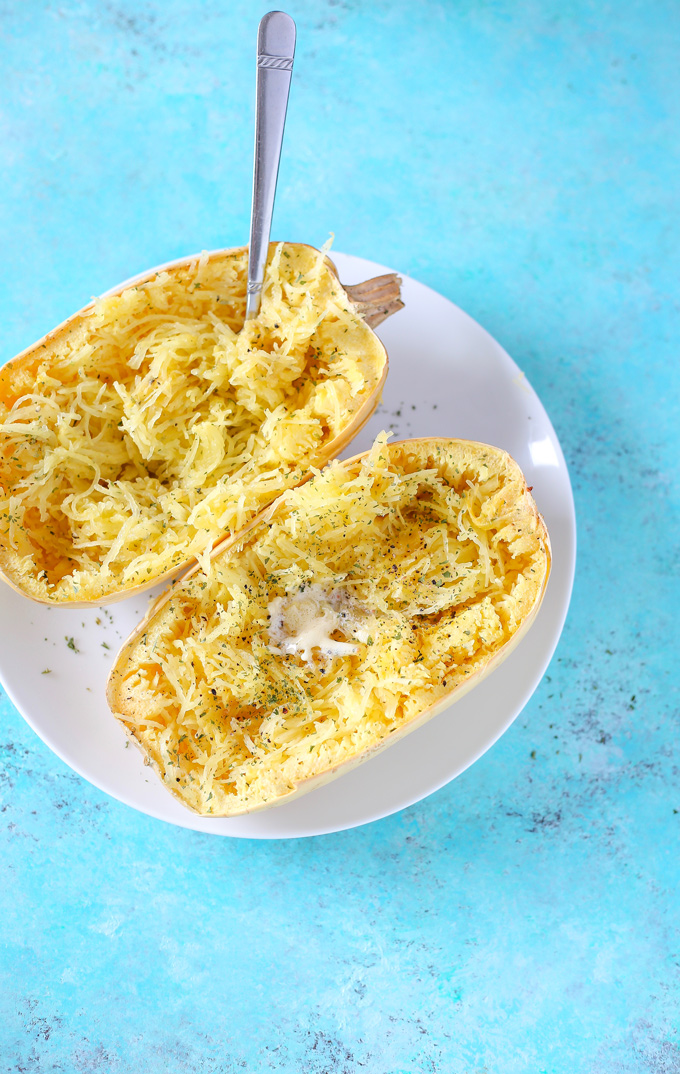 My Favorite Way To Eat Spaghetti Squash - Using garlic, olive oil and vegan butter, it's one of the easiest most delicious ways to enjoy this vegetable. NeuroticMommy.com #squash #spaghetti #lowcarb 