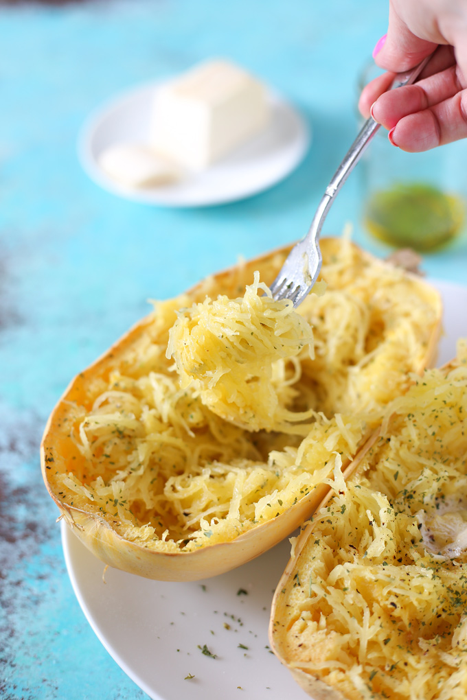 My Favorite Way To Eat Spaghetti Squash - Using garlic, olive oil and vegan butter, it's one of the easiest most delicious ways to enjoy this vegetable. NeuroticMommy.com #squash #spaghetti #lowcarb 