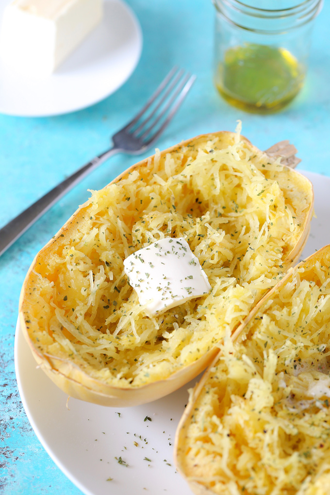 My Favorite Way To Eat Spaghetti Squash - Using garlic, olive oil and vegan butter, it's one of the easiest most delicious ways to enjoy this vegetable. NeuroticMommy.com #squash #spaghetti #lowcarb 