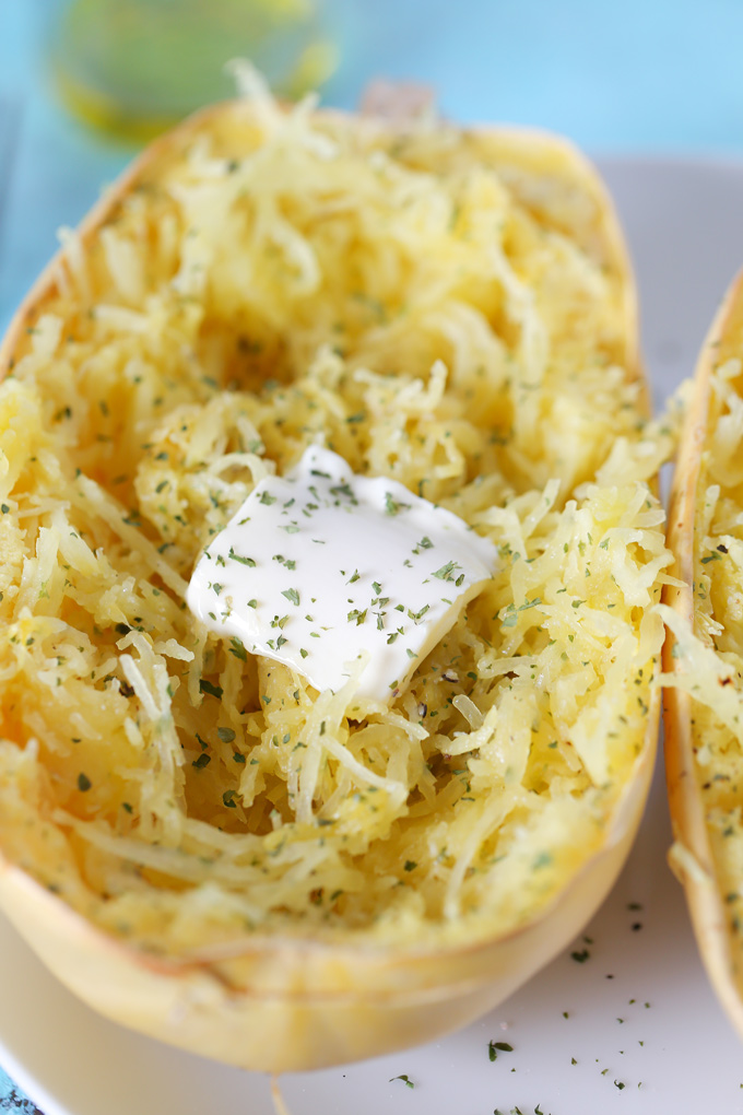 My Favorite Way To Eat Spaghetti Squash - Using garlic, olive oil and vegan butter, it's one of the easiest most delicious ways to enjoy this vegetable. NeuroticMommy.com #squash #spaghetti #lowcarb 