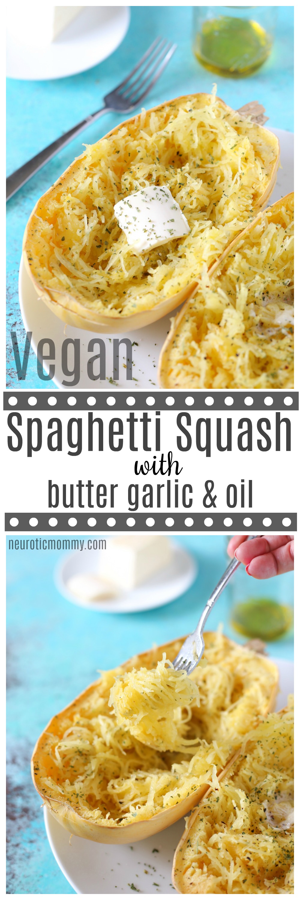 My Favorite Way To Eat Spaghetti Squash - Using garlic, olive oil and vegan butter, it's one of the easiest most delicious ways to enjoy this vegetable. NeuroticMommy.com #squash #spaghetti #lowcarb 