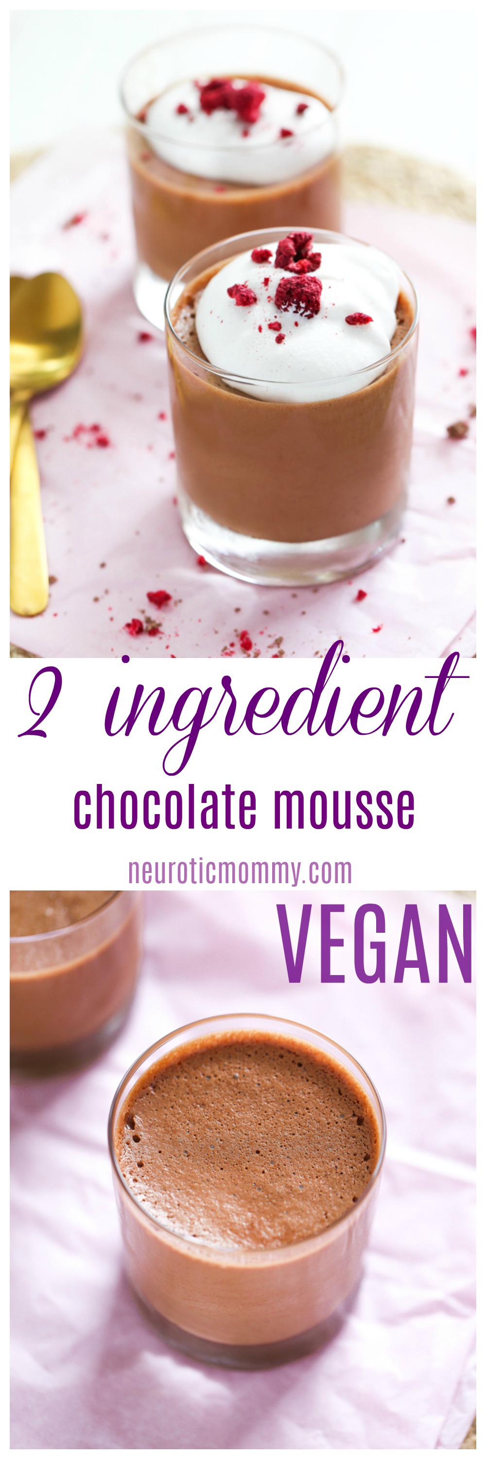 2 Ingredient Vegan Chocolate Mousse - Made with aquafaba this creamy & delicious treat is made with only 2 healthy ingredients. The perfect chocolate snack! NeuroticMommy.com #vegansnacks #veganmousse, #chocolatemousse, #aquafaba