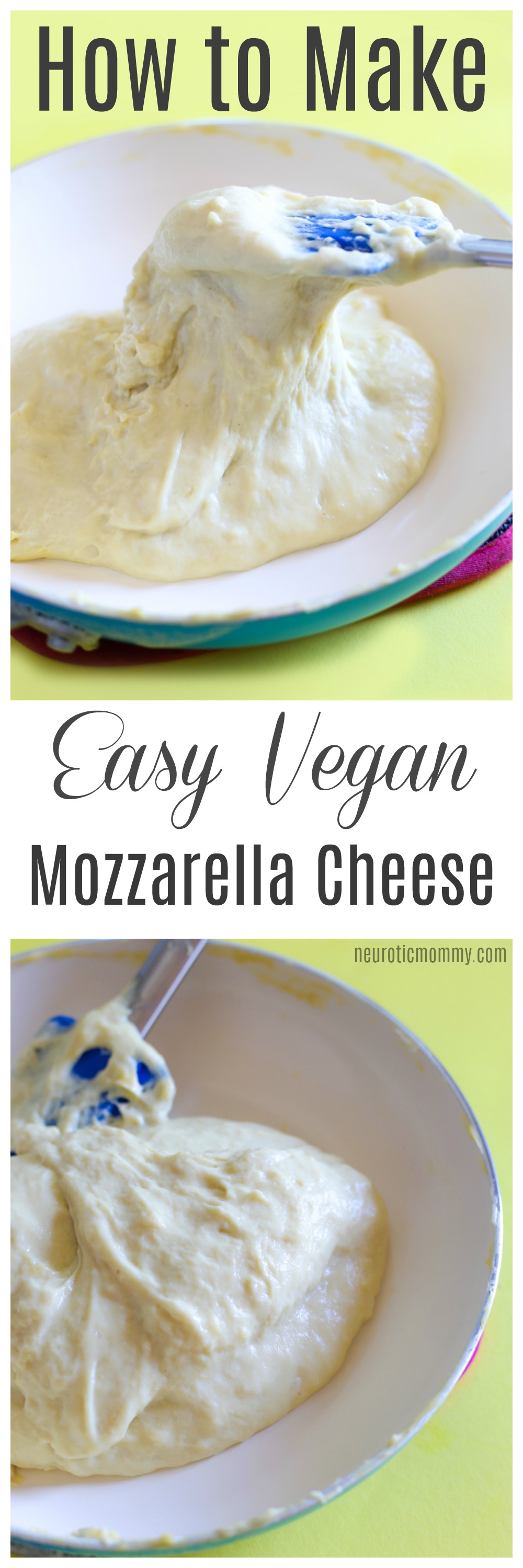 How to make easy vegan mozzarella cheese - a super melty and stretchy cheese that will go with anything from dips to sandwiches to vegan parmesans - NeuroticMommy.com #vegancheese #dairyfree #mozzarella