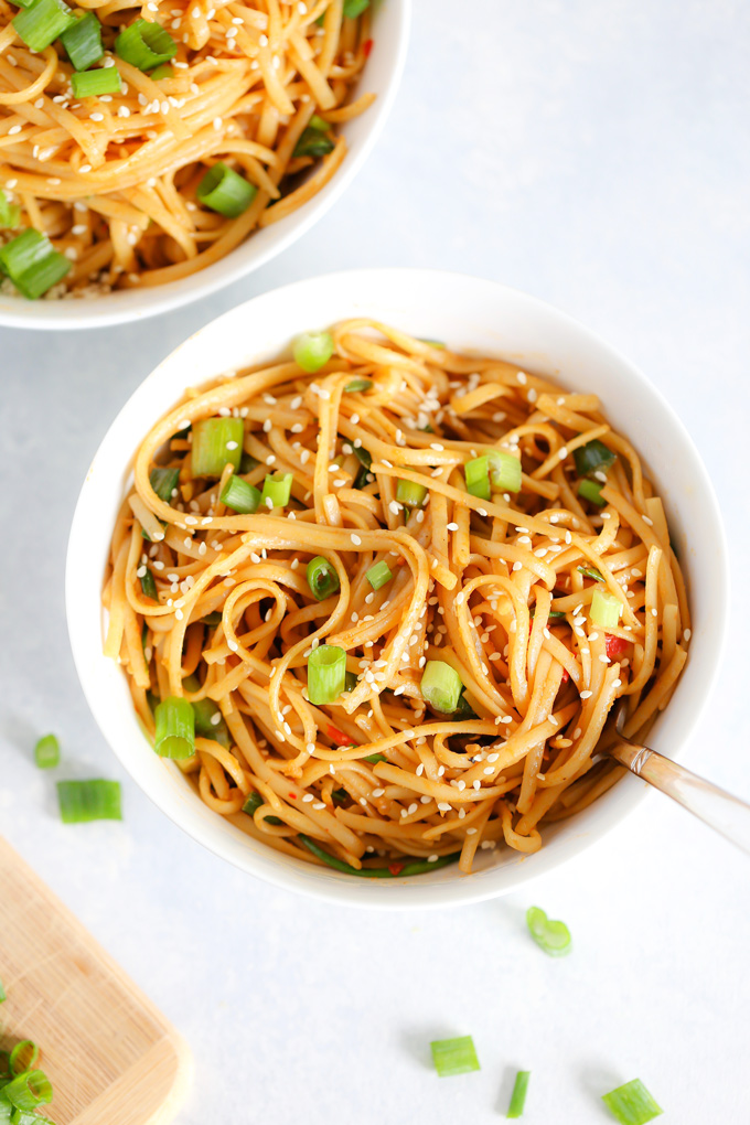 Spicy Vegan Sesame Noodles - An easy to make weeknight dinner made with a pasta or noodle of choice and some easy to put together spices. Can be made non spicy for less hotness. NeuroticMommy.com #veganrecipes #sesamenoodles #easydinners