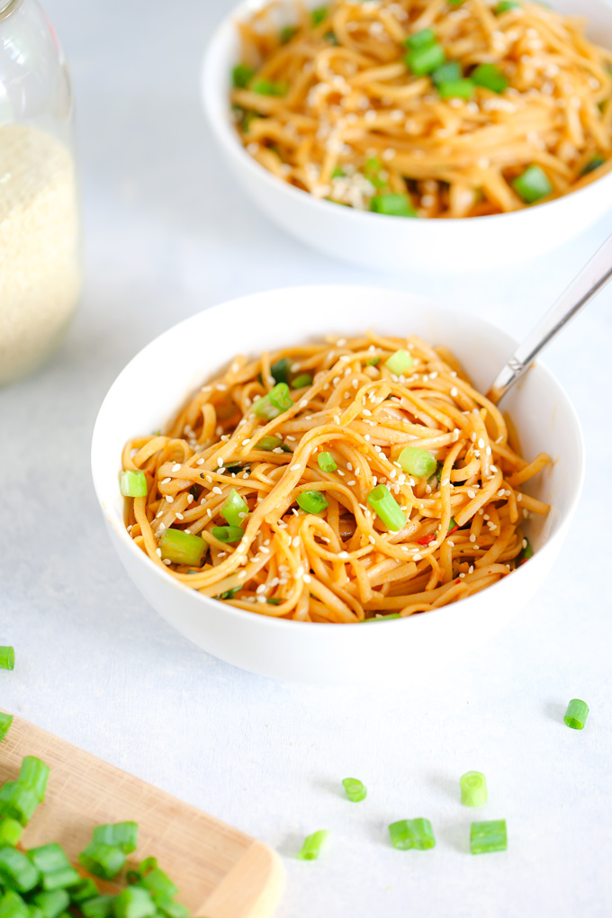 Spicy Vegan Sesame Noodles - An easy to make weeknight dinner made with a pasta or noodle of choice and some easy to put together spices. Can be made non spicy for less hotness. NeuroticMommy.com #veganrecipes #sesamenoodles #easydinners