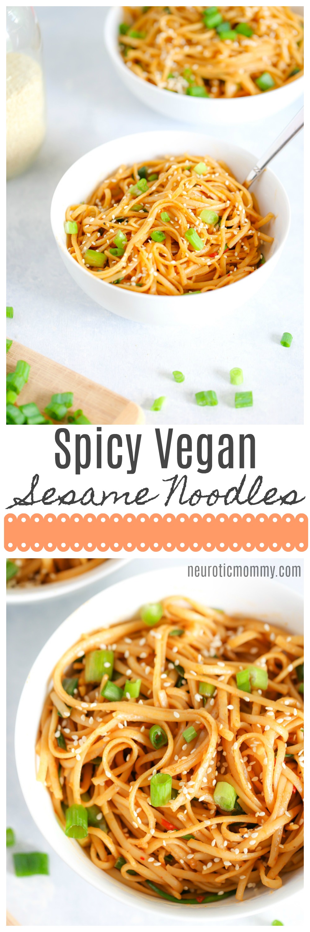 Spicy Vegan Sesame Noodles - An easy to make weeknight dinner made with a pasta or noodle of choice and some easy to put together spices. Can be made non spicy for less hotness. NeuroticMommy.com #veganrecipes #sesamenoodles #easydinners