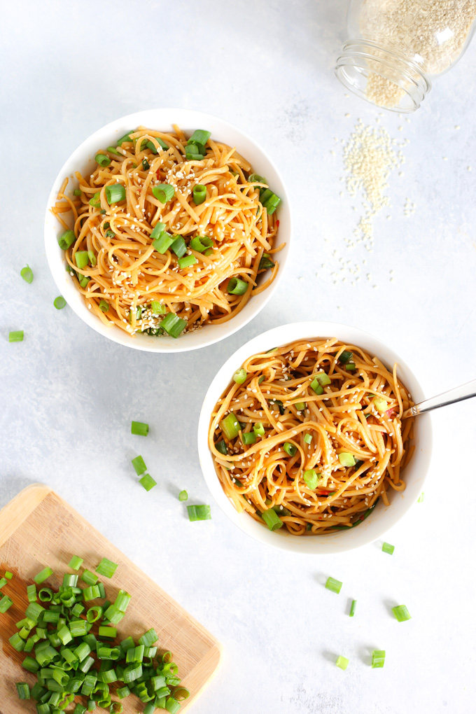 Spicy Vegan Sesame Noodles - An easy to make weeknight dinner made with a pasta or noodle of choice and some easy to put together spices. Can be made non spicy for less hotness. NeuroticMommy.com #veganrecipes #sesamenoodles #easydinners