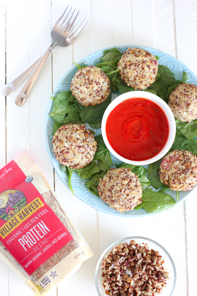 Vegan Mozzarella Stuffed Rice Balls with Lentils and Red Quinoa - A high protein plant based snack or meal you can eat alone or a top of a salad or even paired with pasta. Super cheesy and delicious. NeuroticMommy.com #plantbasedprotein #snacks #veganriceballs