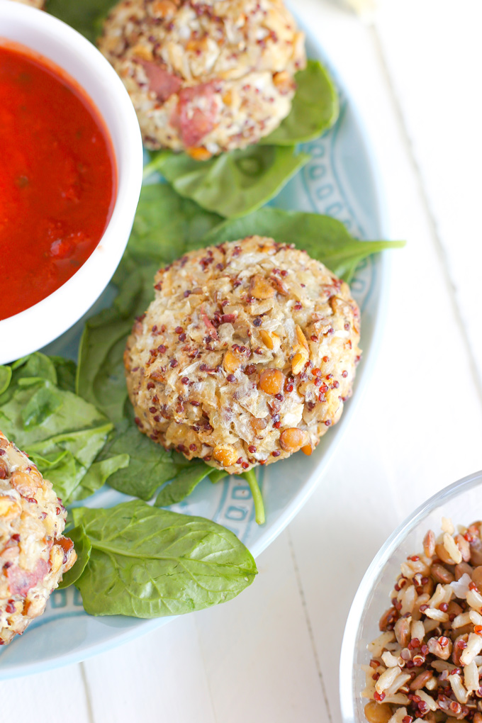 Vegan Mozzarella Stuffed Rice Balls with Lentils and Red Quinoa - A high protein plant based snack or meal you can eat alone or a top of a salad or even paired with pasta. Super cheesy and delicious. NeuroticMommy.com #plantbasedprotein #snacks #veganriceballs