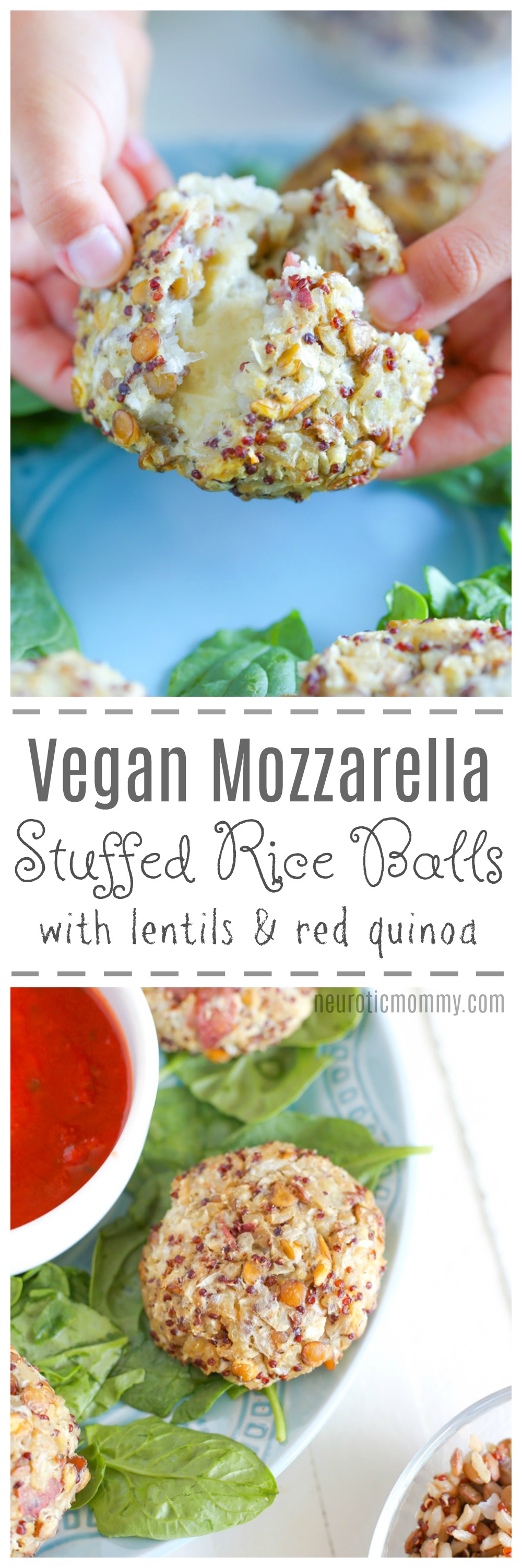 Vegan Mozzarella Stuffed Rice Balls with Lentils and Red Quinoa - A high protein plant based snack or meal you can eat alone or a top of a salad or even paired with pasta. Super cheesy and delicious. NeuroticMommy.com #plantbasedprotein #snacks #veganriceballs