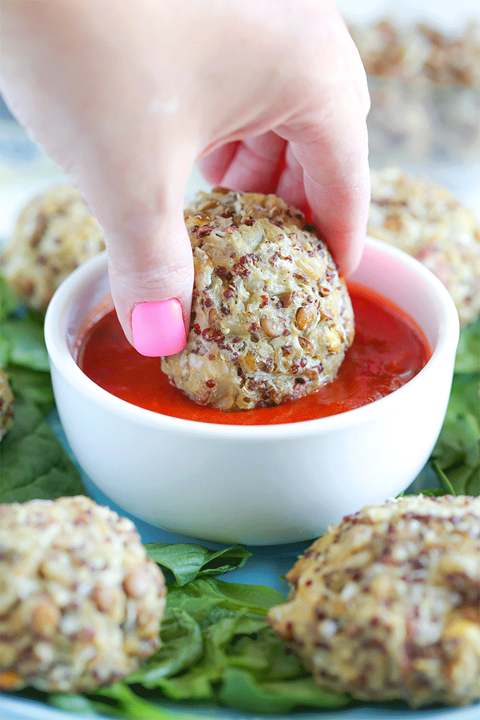 Vegan Mozzarella Stuffed Rice Balls with Lentils and Red Quinoa - A high protein plant based snack or meal you can eat alone or a top of a salad or even paired with pasta. Super cheesy and delicious. NeuroticMommy.com #plantbasedprotein #snacks #veganriceballs