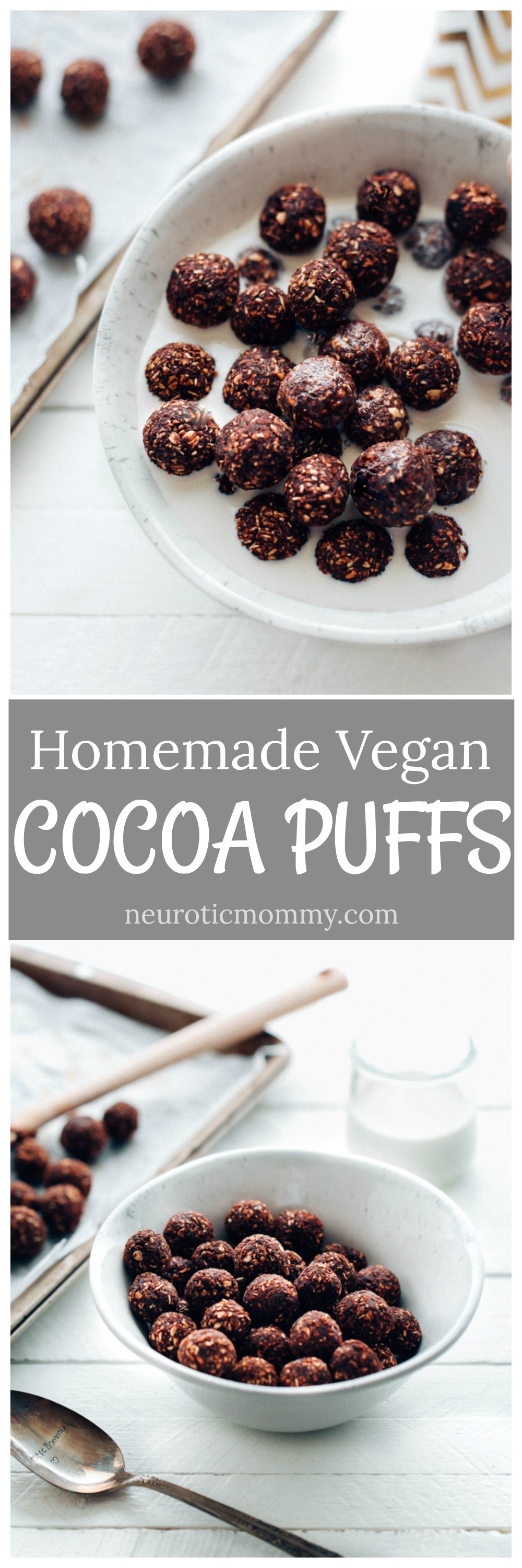 Homemade Vegan Cocoa Puffs - 4 ingredient chocolatey cereal that's naturally sweetened and perfect for breakfast! You can even enjoy these as a dry snack. NeuroticMommy.com #vegan #cereal #cocoapuffs