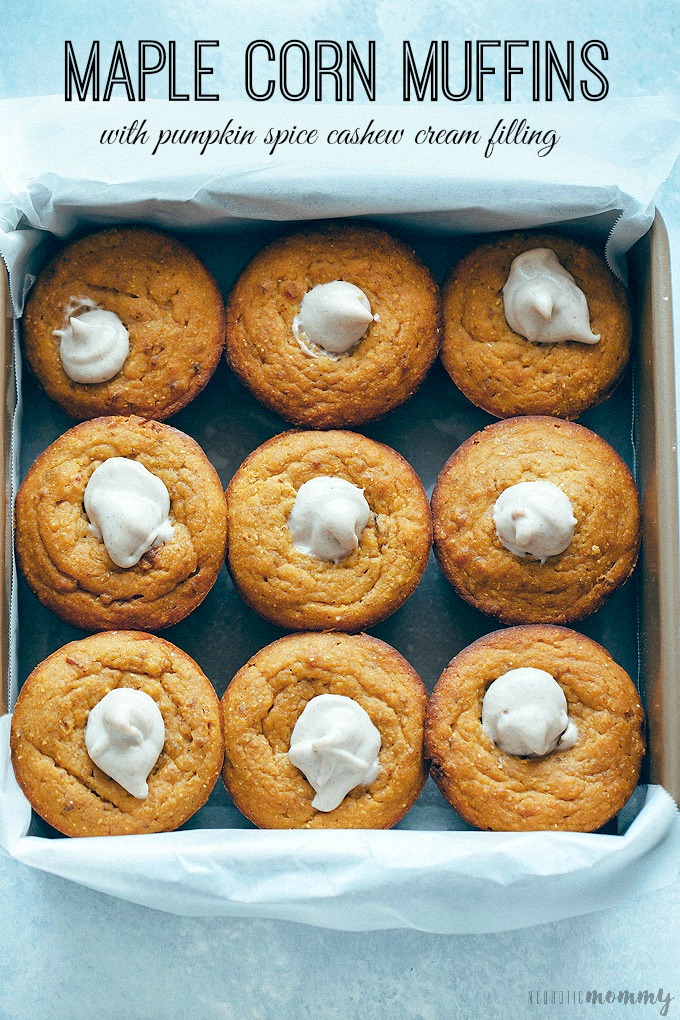 Maple Corn Muffins with Pumpkin Spice Cashew Cream Filling - Maple Corn Muffins with Pumpkin Spice Cashew Cream Filling - Healthy corn muffins full of flavor with hints of maple and pecan, they're perfect for fall. NeuroticMommy.com #veganmuffins #cornmuffins #pumpkin