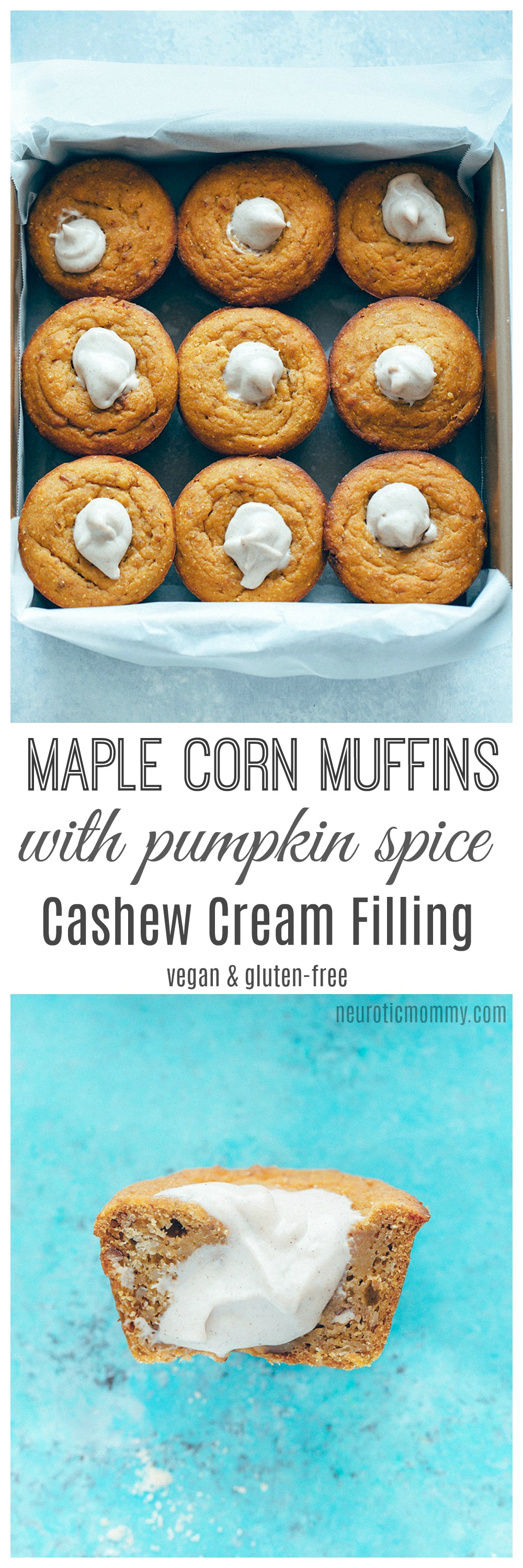 Maple Corn Muffins with Pumpkin Spice Cashew Cream Filling - Maple Corn Muffins with Pumpkin Spice Cashew Cream Filling - Healthy corn muffins full of flavor with hints of maple and pecan, they're perfect for fall. NeuroticMommy.com #veganmuffins #cornmuffins #pumpkin