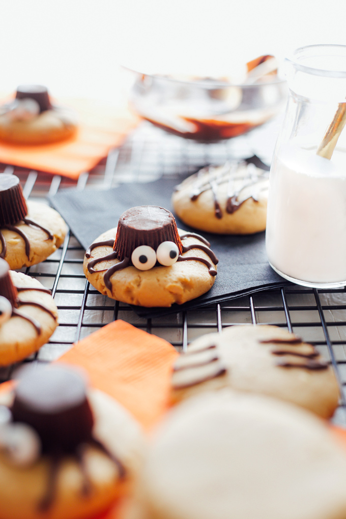 Spooky Spider Cookies - These vegan peanut butter gems are drizzled in sweet dark chocolate are chewy and full of deliciousness in every bite! The perfect tasty little snack for Halloween and super spooky! NeuroticMommy.com #vegancookies #halloween #vegansnacks