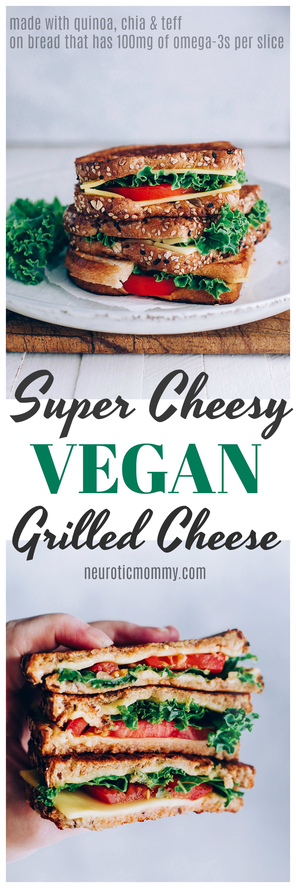 Super Cheesy Vegan Grilled Cheese - A gloriously gooey grilled cheese making this the ultimate sandwich at home the whole family will be sure to devour! NeuroticMommy.com #veganlunches #vegansandwiches