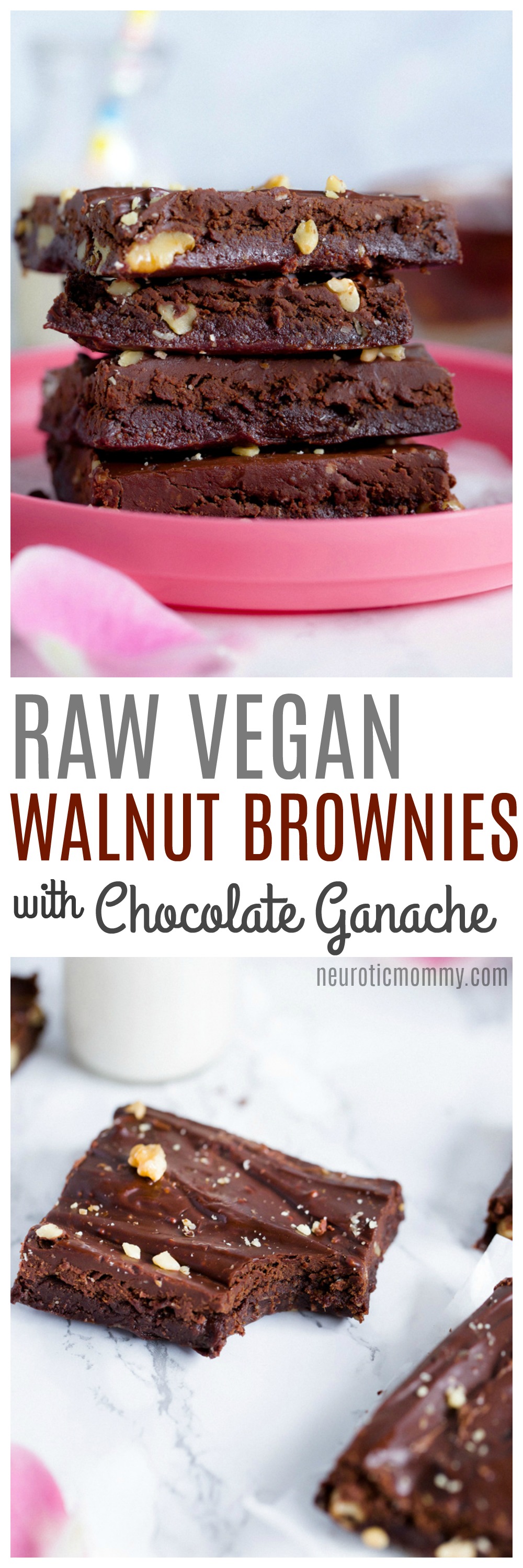 Raw Vegan Walnut Brownies With Chocolate Ganache - Hands down the best no bake vegan brownies EVER! No refined sugars and gluten free. NeuroticMommy.com #vegan #brownies #raw