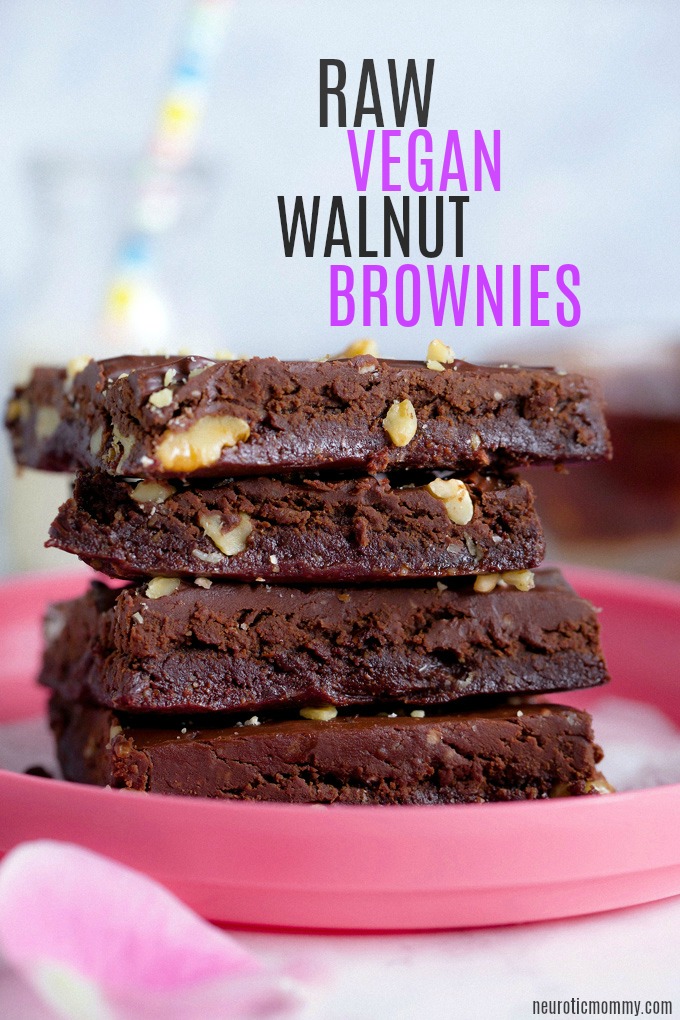 Raw Vegan Walnut Brownies With Chocolate Ganache - Hands down the best no bake vegan brownies EVER! No refined sugars and gluten free. NeuroticMommy.com #vegan #brownies #raw