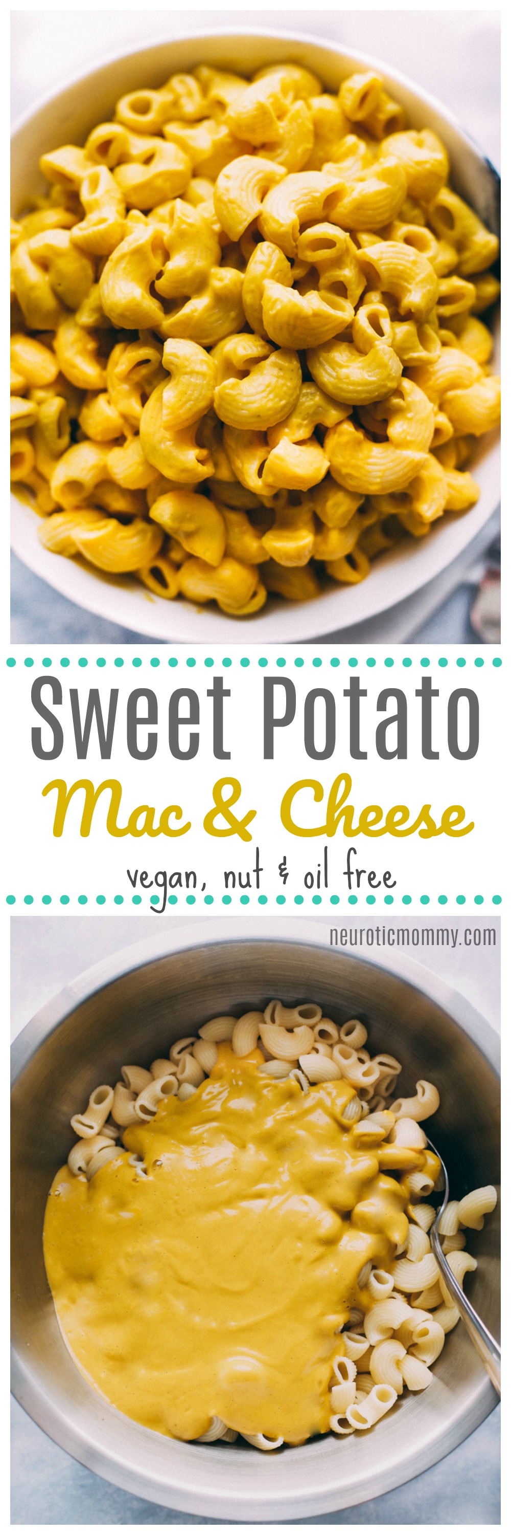 Sweet Potato Mac & Cheese - This will be your new favorite vegan cheese dish. It's healthy, nut free, super smooth, creamy and delicious. NeuroticMommy.com #vegan #sweetpotato