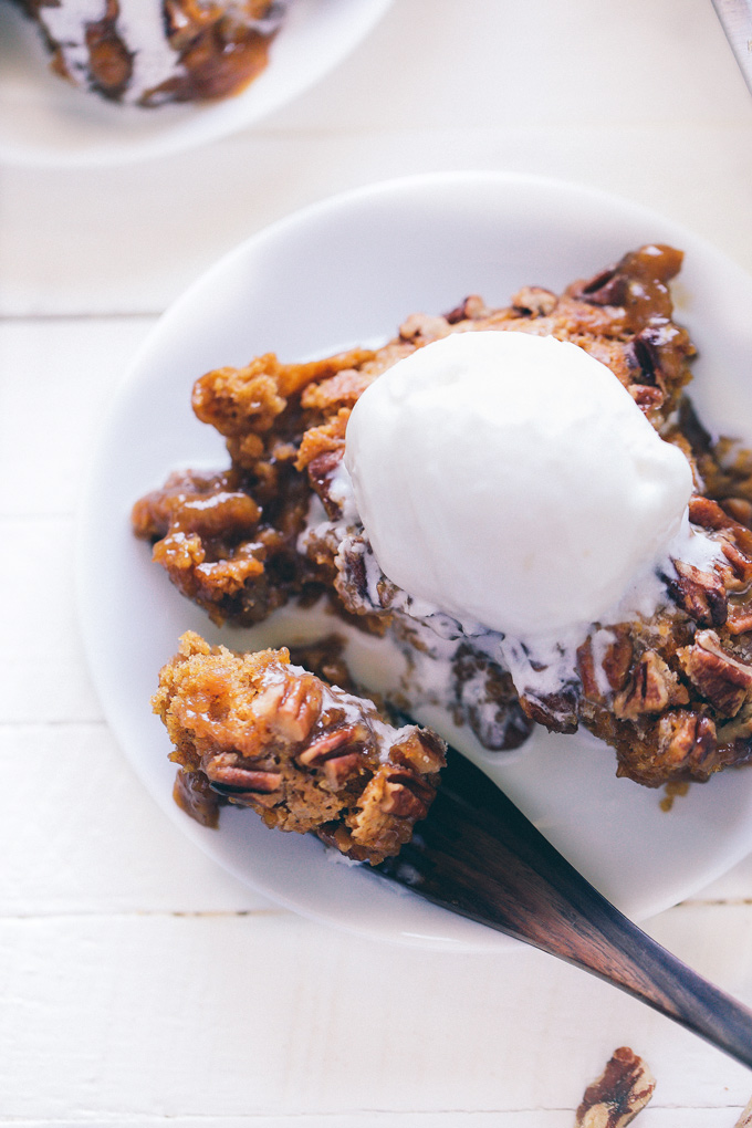 Vegan Pumpkin Pecan Cobbler - A fall must have! Enjoy this soft chewy cake oozing with pumpkin caramel in every bite! NeuroticMommy.com #vegan #pumpkin #cobbler