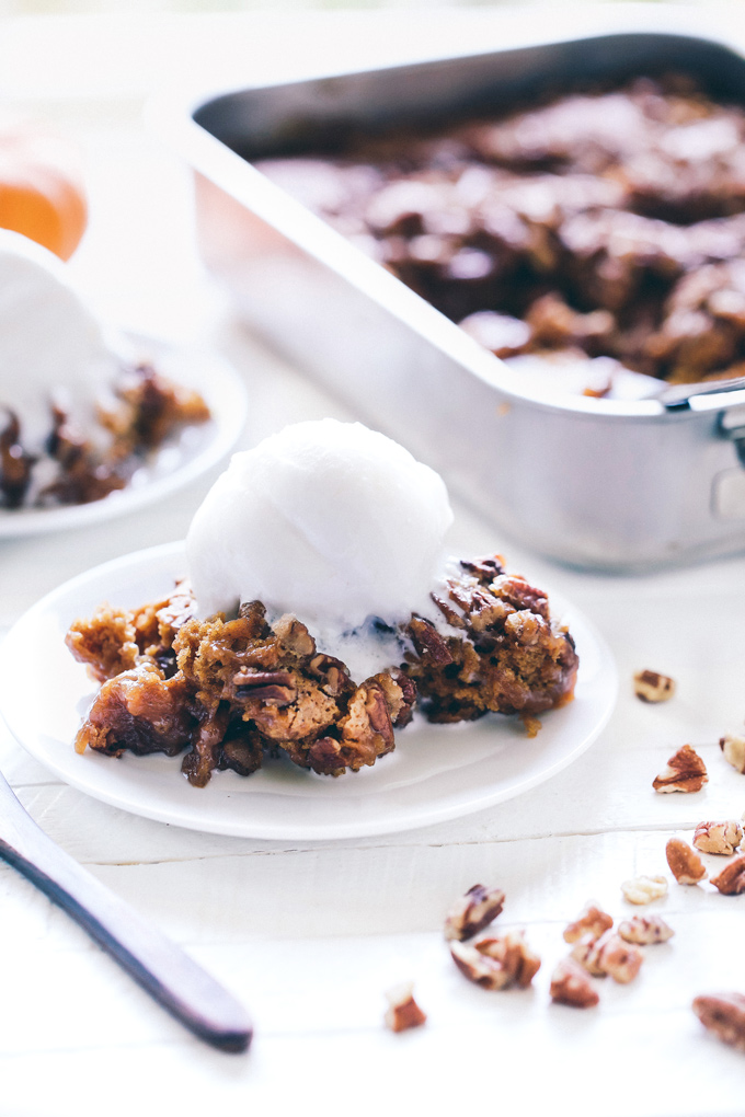 Vegan Pumpkin Pecan Cobbler - A fall must have! Enjoy this soft chewy cake oozing with pumpkin caramel in every bite! NeuroticMommy.com #vegan #pumpkin #cobbler