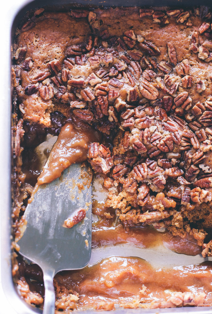 Vegan Pumpkin Pecan Cobbler - A fall must have! Enjoy this soft chewy cake oozing with pumpkin caramel in every bite! NeuroticMommy.com #vegan #pumpkin #cobbler