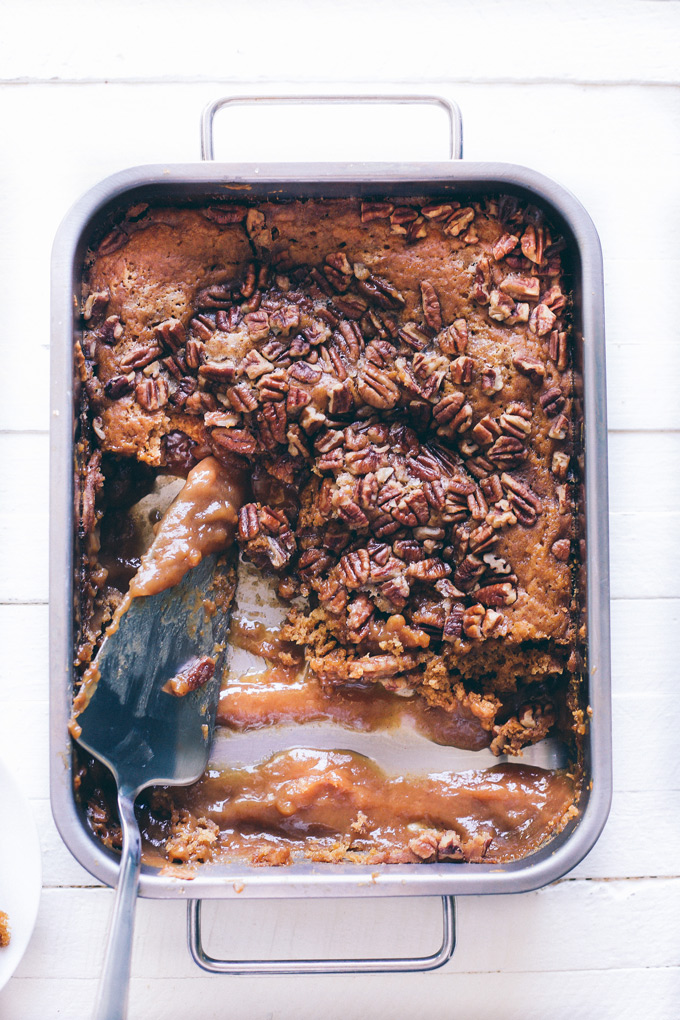 Vegan Pumpkin Pecan Cobbler - A fall must have! Enjoy this soft chewy cake oozing with pumpkin caramel in every bite! NeuroticMommy.com #vegan #pumpkin #cobbler