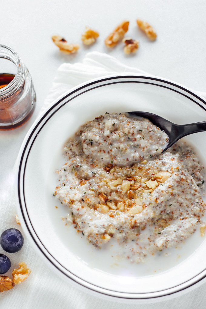 Maple Walnut Noatmeal (Oat free Oatmeal) - this is the creamiest, warm oat free oatmeal ever! It's easy, super healthy, low carb, keto friendly and fun to make. 3 net carbs per serving.