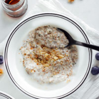 Maple Walnut Noatmeal - this is the creamiest, warm oat free oatmeal ever! It's easy, super healthy, low carb, kept friendly and fun to make. 3 net carbs per serving. NeuroticMommy.com #vegan #keto #breakfast #lowcarb