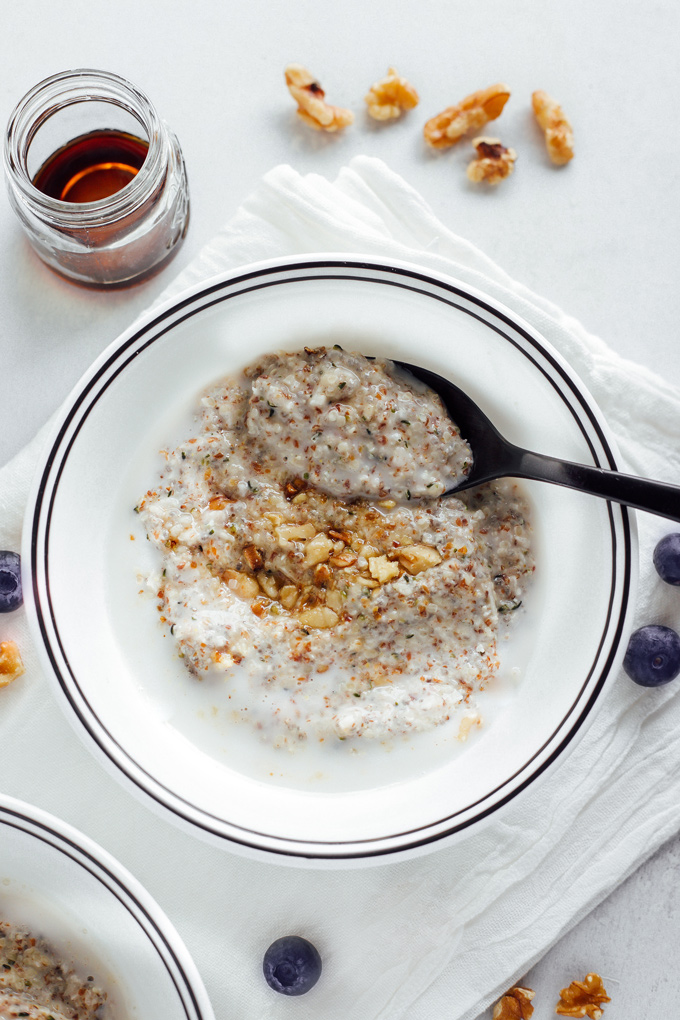 Maple Walnut Noatmeal (Oat free Oatmeal) - this is the creamiest, warm oat free oatmeal ever! It's easy, super healthy, low carb, keto friendly and fun to make. 3 net carbs per serving.