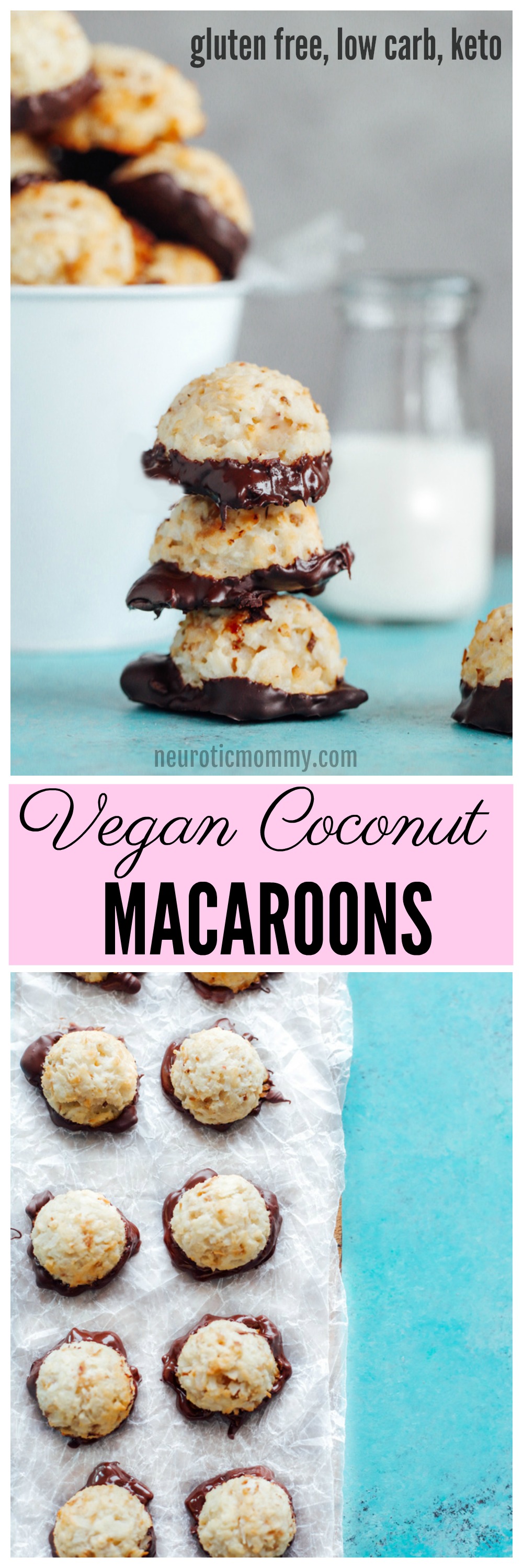 Vegan Coconut Macaroons - Dipped in dark chocolate, these are full of healthy fats and sweetened with monk fruit. A perfect fat bomb for keto. Neuroticmommy.com #vegan #keto #snacks