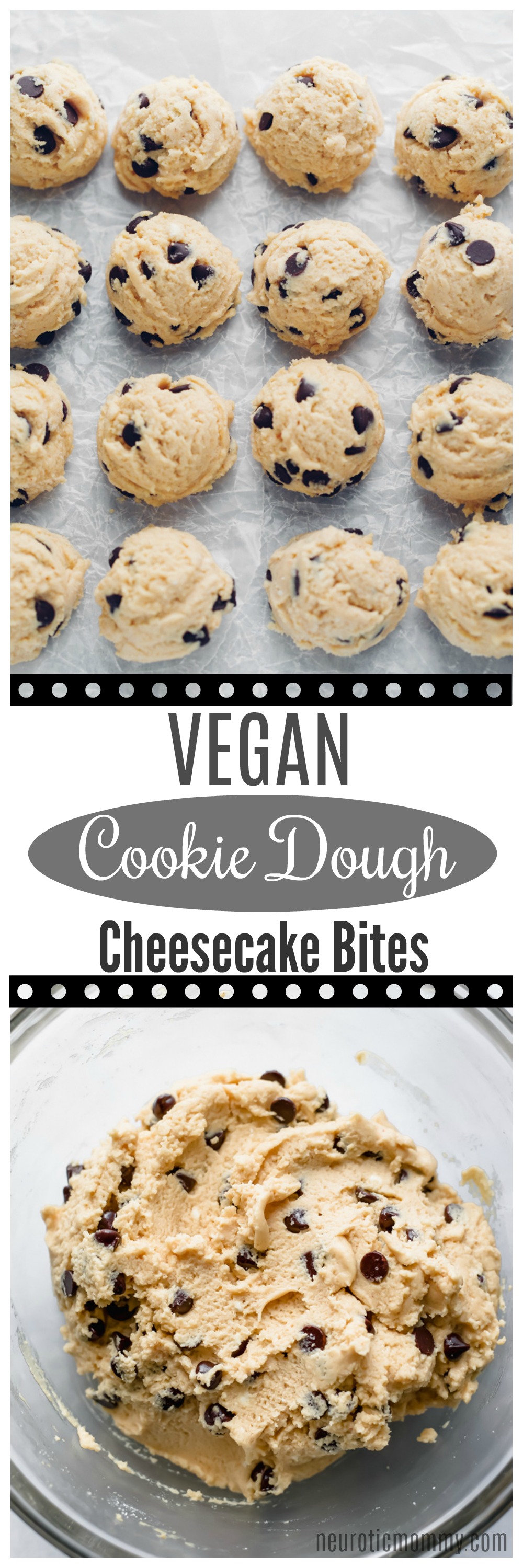 Vegan Cookie Dough Cheesecake Bites - If your a cookie dough and cheesecake lover then these are the bites for you! Made with sugar free dark chocolate chips, sweetened with monk fruit, making this low carb snack a must have. NeuroticMommy.com #vegan #fatbomb #keto #snacks