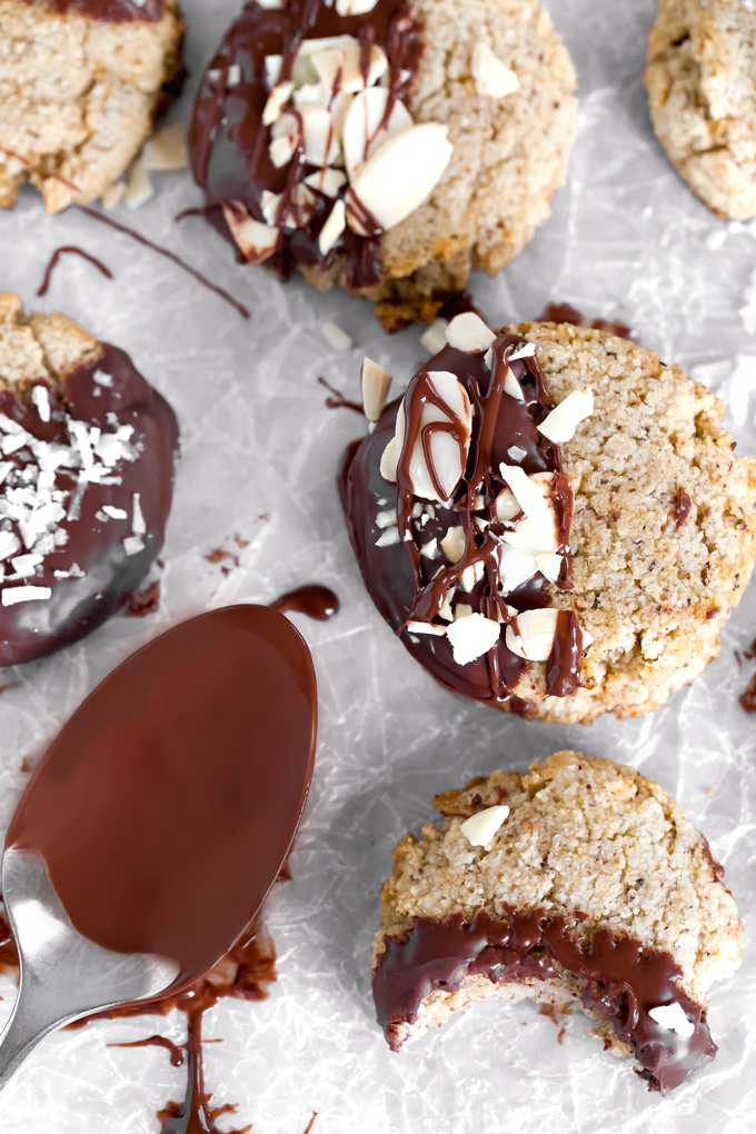 Almond Cookies Dipped in Dark Chocolate (Vegan - Sugar Free) - Where chewy cookies meet dark chocolate for an awesomely sweet sugar free snack you can feel good about! NeuroticMommy.com #vegan #sugarfree #glutenfree