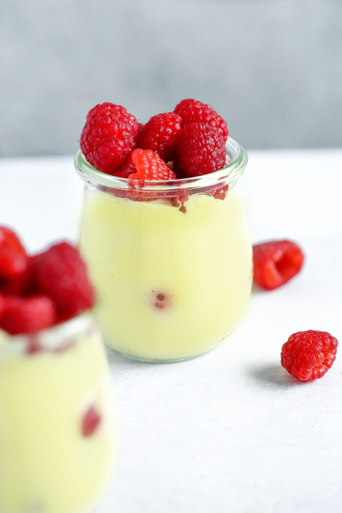 Vegan Vanilla Pudding with Raspberries - Sweet vanilla pudding made with coconut milk paired with raspberries for Valentine's Day. NeuroticMommy.com #vegan #valentinesday