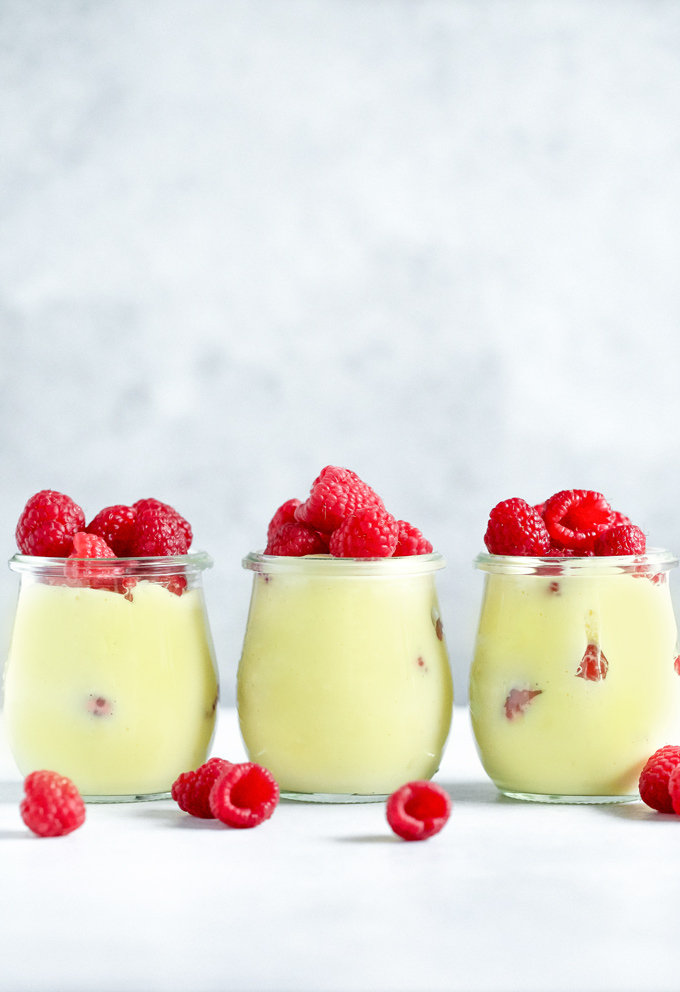 Vegan Vanilla Pudding with Raspberries - Sweet vanilla pudding made with coconut milk paired with raspberries for Valentine's Day. NeuroticMommy.com #vegan #valentinesday