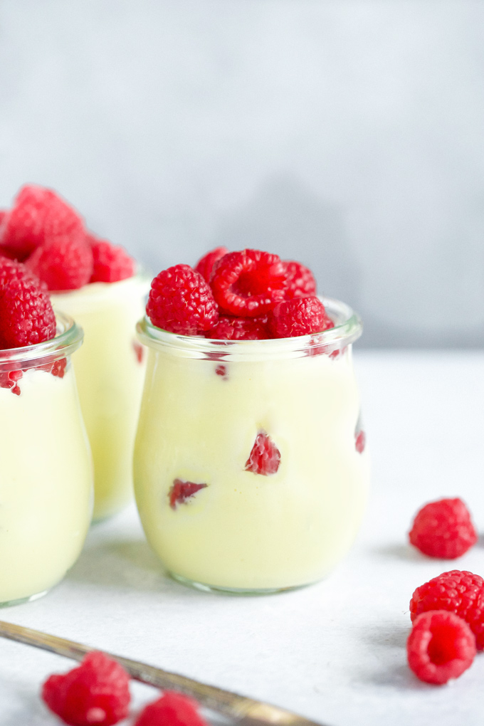 Vegan Vanilla Pudding with Raspberries - Sweet vanilla pudding made with coconut milk paired with raspberries for Valentine's Day. NeuroticMommy.com #vegan #valentinesday