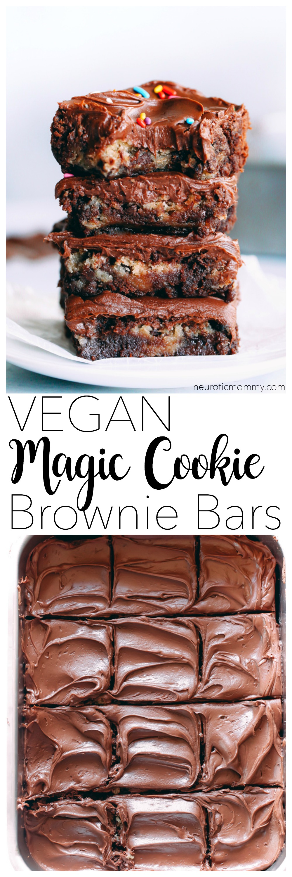 Vegan Magic Cookie Brownie Bars are my go to lazy mom make. They have double the delicousness where cookie dough meets brownie becoming one. Topped with a delicious chocolate ganache and sprinkles! NeuroticMommy.com