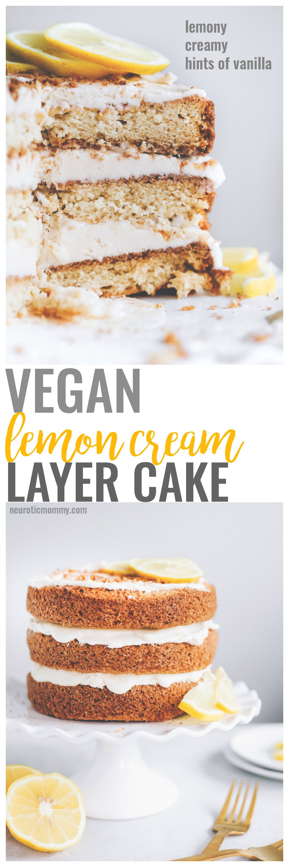 This spectacular Vegan Lemon Cream Layer Cake is a delectable cake for the most special of occasions. Enjoy the creamy lemon buttercream sandwiched between layers of homemade vanilla cake. NeuroticMommy.com #vegan #cake #easter