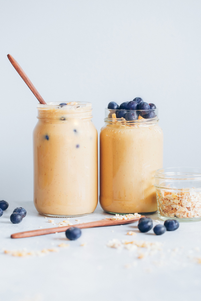 This sweet potato almond butter smoothie is warming, naturally sweet and creamy, and packed with nutrition that is quality for keeping your Qi balanced. NeuroticMommy.com #vegansmoothies #sweetpotato