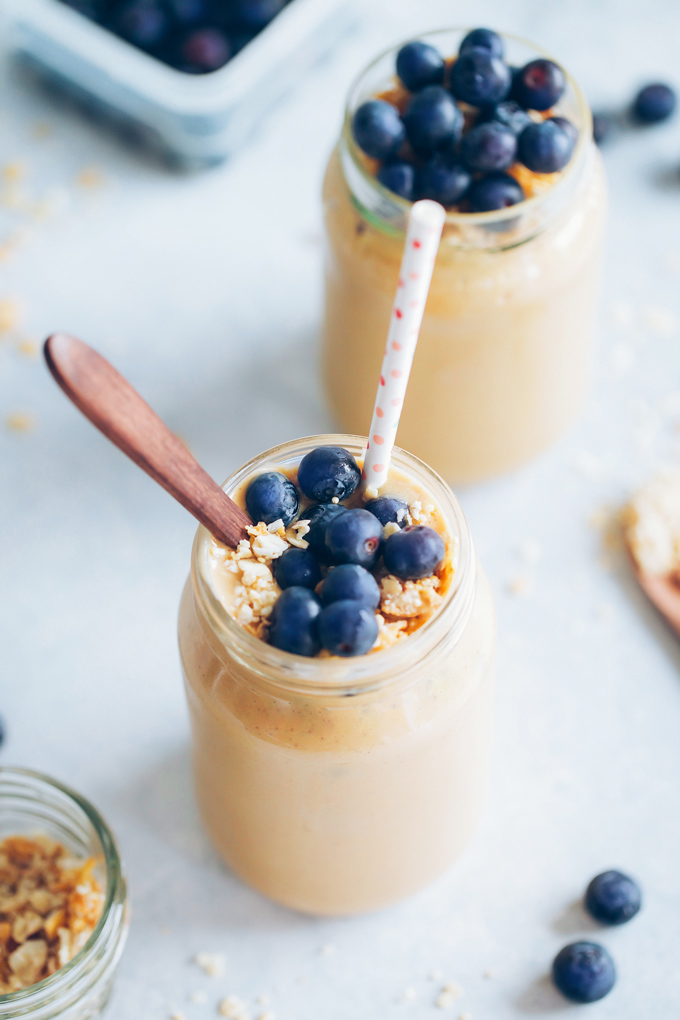 This sweet potato almond butter smoothie is warming, naturally sweet and creamy, and packed with nutrition that is quality for keeping your Qi balanced. NeuroticMommy.com #vegansmoothies #sweetpotato