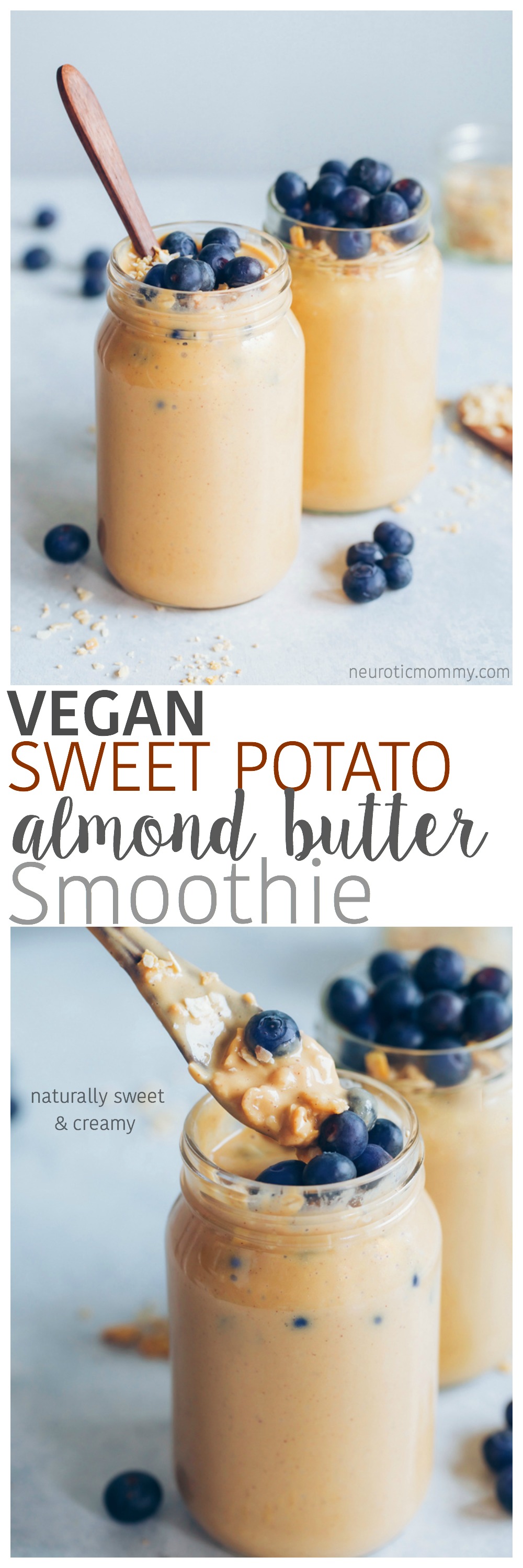This sweet potato almond butter smoothie is warming, naturally sweet and creamy, and packed with nutrition that is quality for keeping your Qi balanced. NeuroticMommy.com #vegansmoothies #sweetpotato