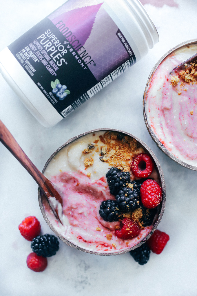 Banana Ice Cream with Mixed Berry Swirl - Cool down with this easy banana superfood ice cream, nourishing your body with whole fruits and vegetables from the inside out with Food Science Superior Purples Powder. NeuroticMommy.com #vegan #healthy #superfood #superiorpurples #foodscience