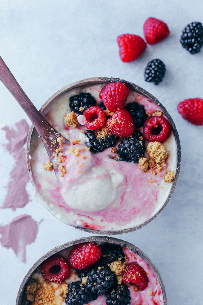 Banana Ice Cream with Mixed Berry Swirl - Cool down with this easy banana superfood ice cream, nourishing your body with whole fruits and vegetables from the inside out with Food Science Superior Purples Powder. NeuroticMommy.com #vegan #healthy #superfood #superiorpurples #foodscience