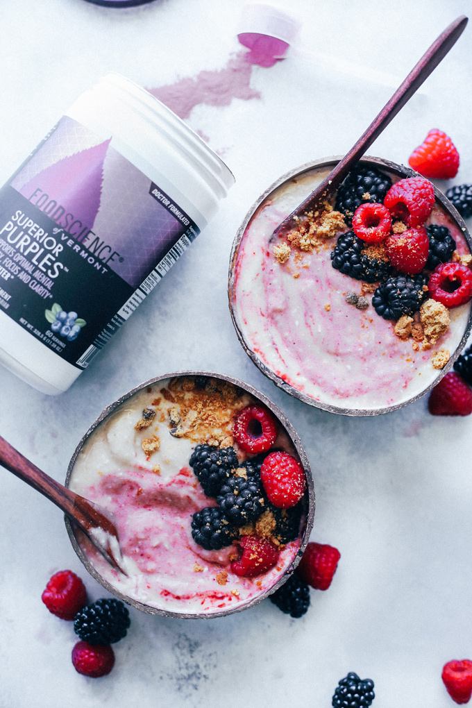 Banana Ice Cream with Mixed Berry Swirl - Cool down with this easy banana superfood ice cream, nourishing your body with whole fruits and vegetables from the inside out with Food Science Superior Purples Powder. NeuroticMommy.com #vegan #healthy #superfood #superiorpurples #foodscience