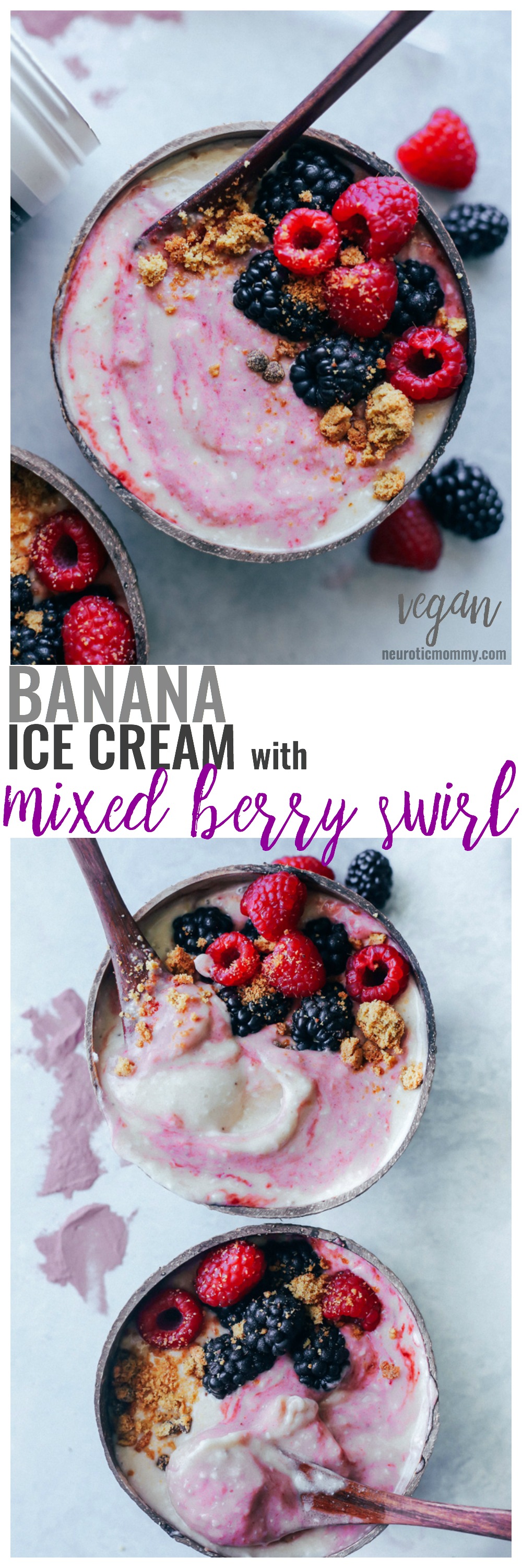 Banana Ice Cream with Mixed Berry Swirl - Cool down with this easy banana superfood ice cream, nourishing your body with whole fruits and vegetables from the inside out with Food Science Superior Purples Powder. NeuroticMommy.com #vegan #healthy #superfood #superiorpurples #foodscience